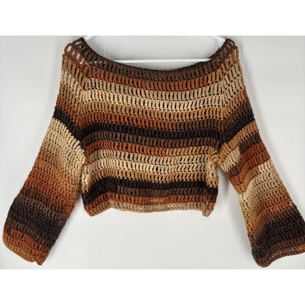 Handmade Womens Crocheted Brown Ombre Open Knit Bell Sleeve‎ Layer Crop Small